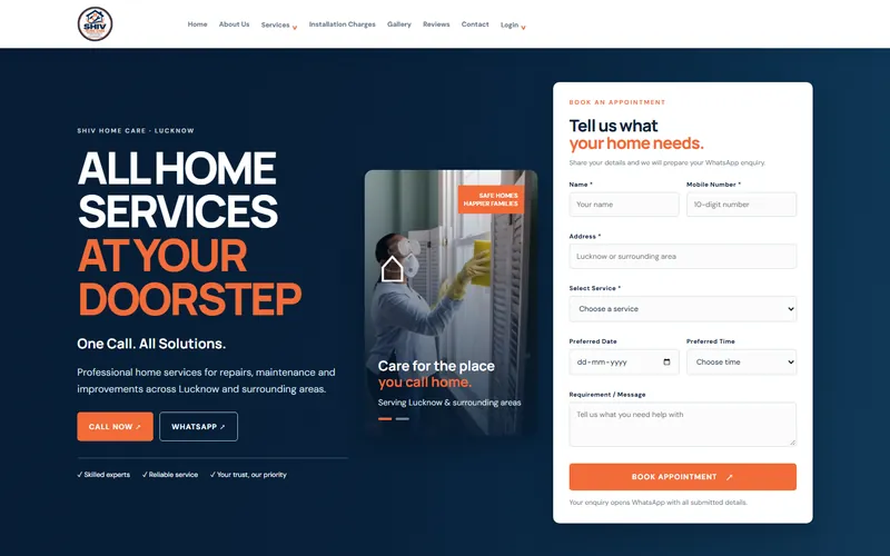 Homepage of the Shiv Home Care website